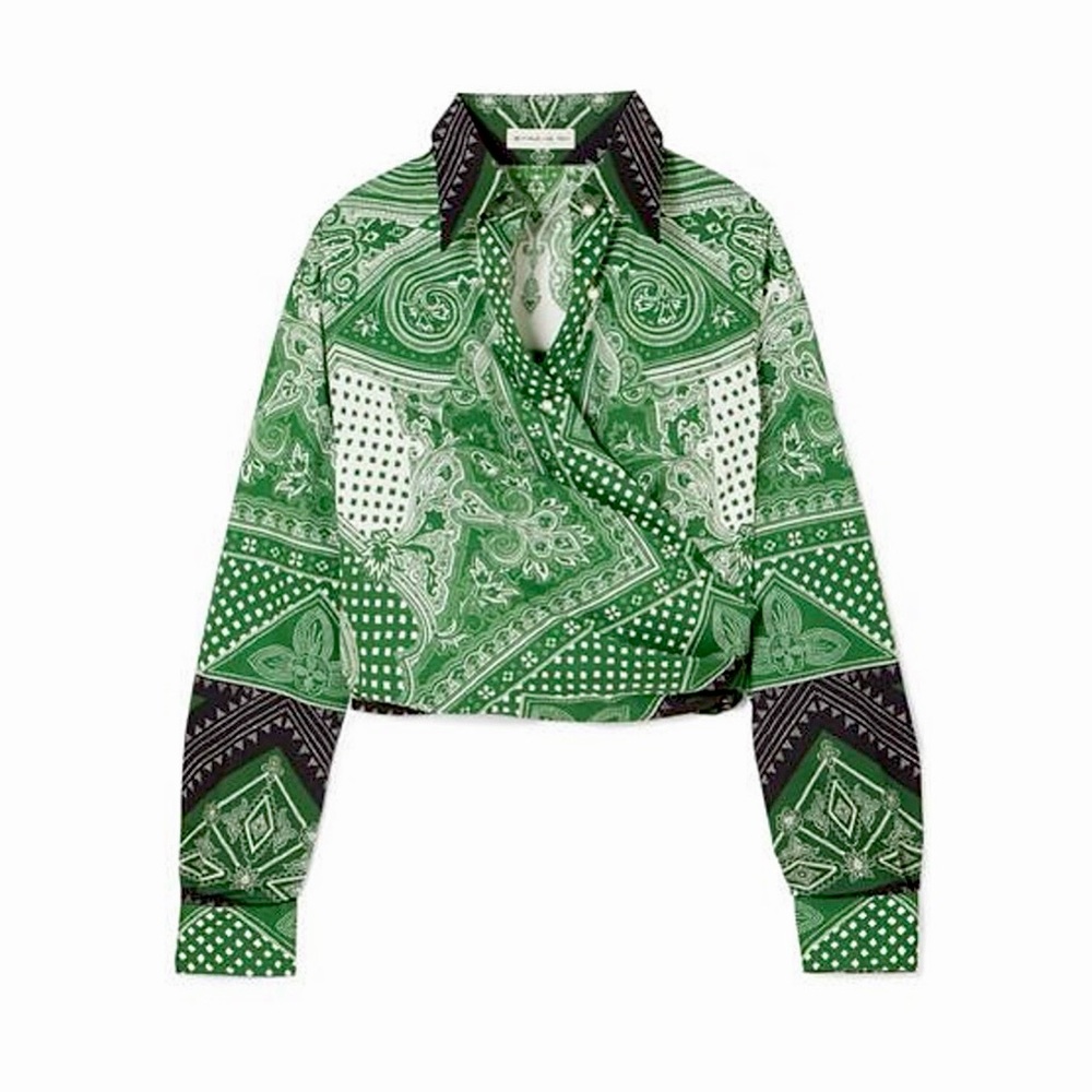 ETRO CROPPED PRINTED COTTON-BLEND WRAP TOP IN GREEN IT40 NWT